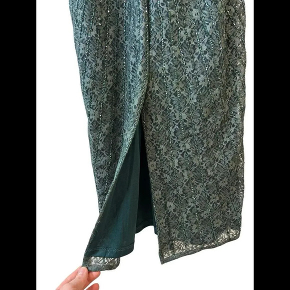 Mac Duggal Long Sleeve Beaded Lace Sequin Green Midi Cocktail Dress Sz 4 NWT - Picture 13 of 16